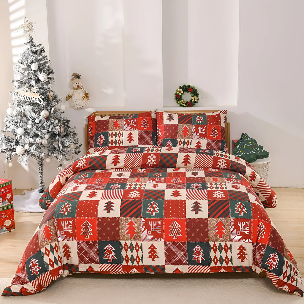 Christmas red plaid pattern three-piece bedding set with quilt cover and pillowcases