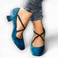 Blue suede women's low-cut high heels with square toe, simple solid colour style, sizes 34-43