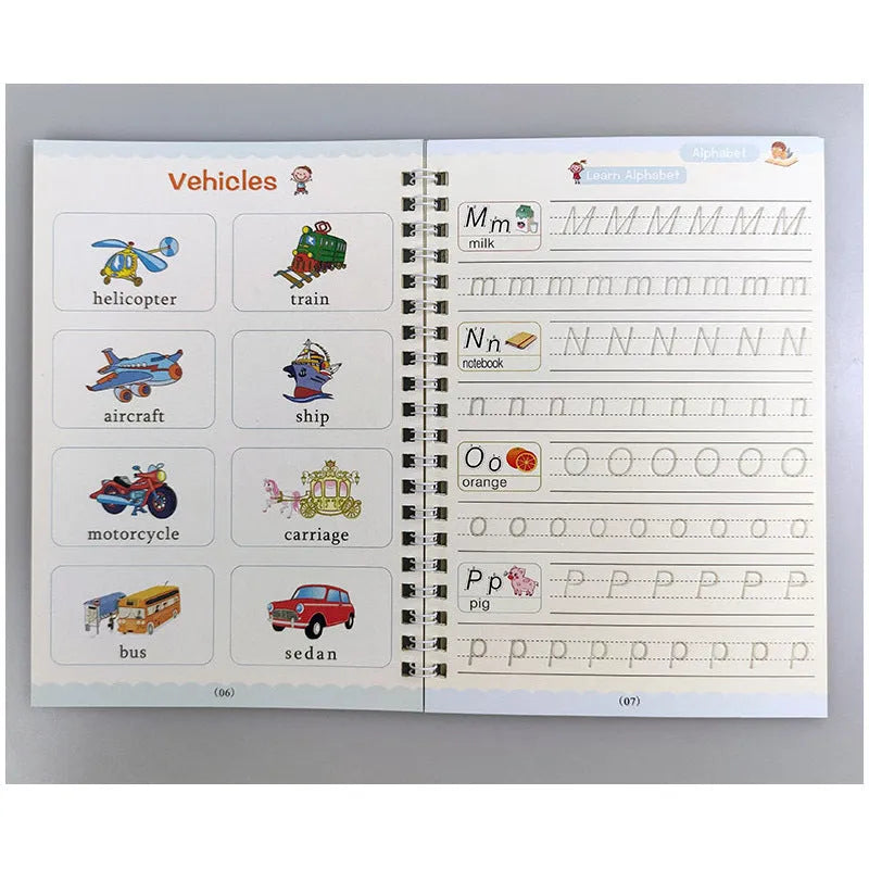 Children's magic calligraphy copybook set showing four coloured books, magic stylus pen, and refills with 3D slot writing design