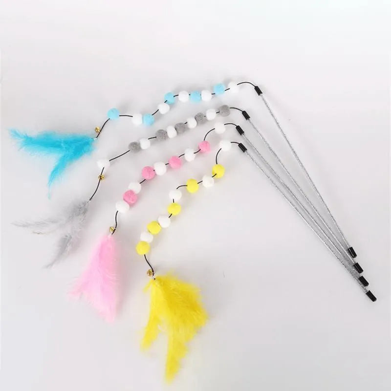 31cm cat teaser interactive toy rod with bell and colourful feather pompon attachments
