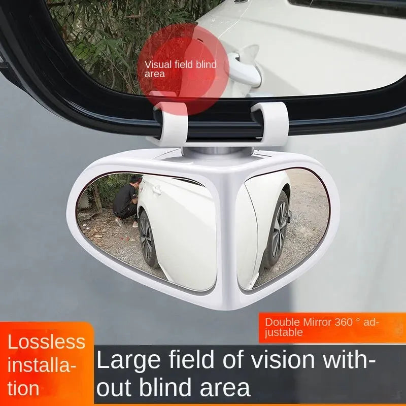 A pair of round, adjustable wide-angle car mirrors with adhesive backing, shown in assorted colours.