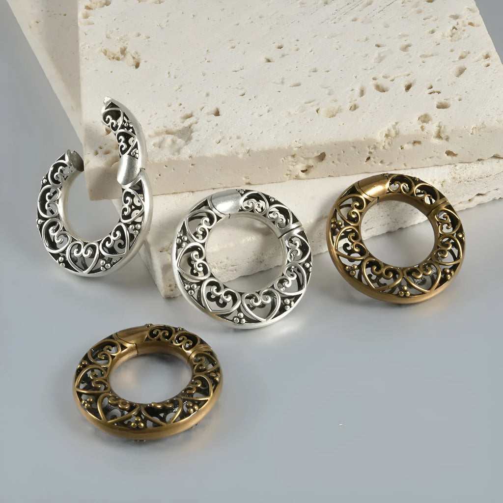 Retro magnetic earrings with hollow heart or lotus designs in antique gold or silver finishes