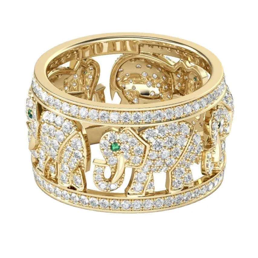 Creative elephant design alloy ring with full diamond accents in electroplated finish