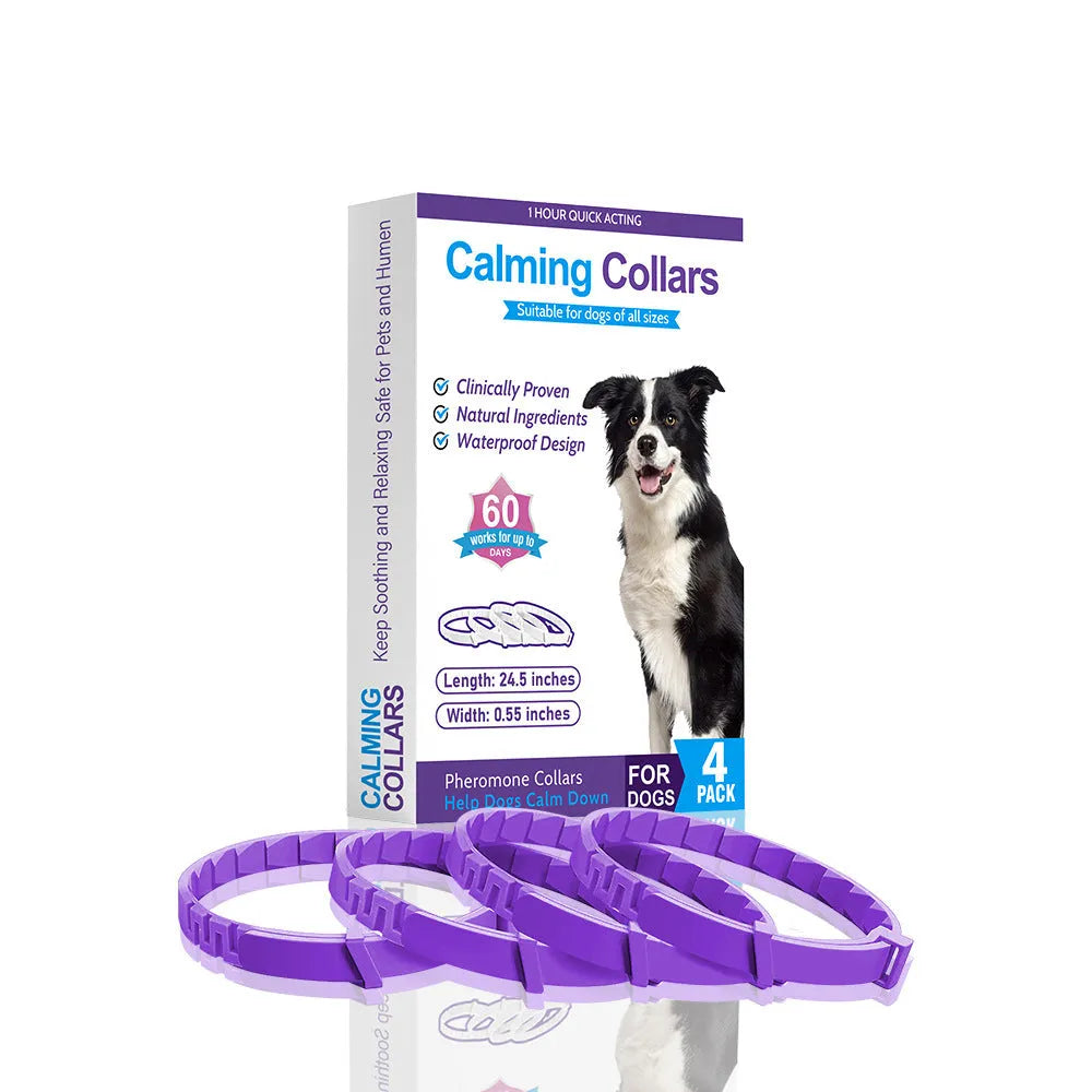Four dog calming collars in assorted colours with adjustable 62cm length and TPR material