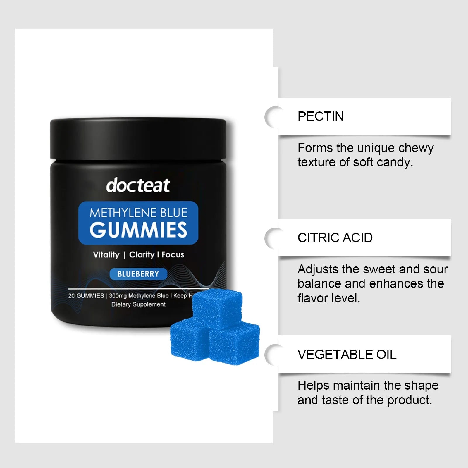 Body care soft candy dietary supplement showing 20 gummy pieces containing methylene blue trihydrate