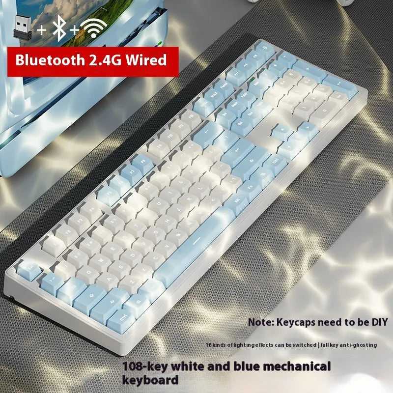 Mechanical keyboard with three connectivity modes in blue and white colour matching design
