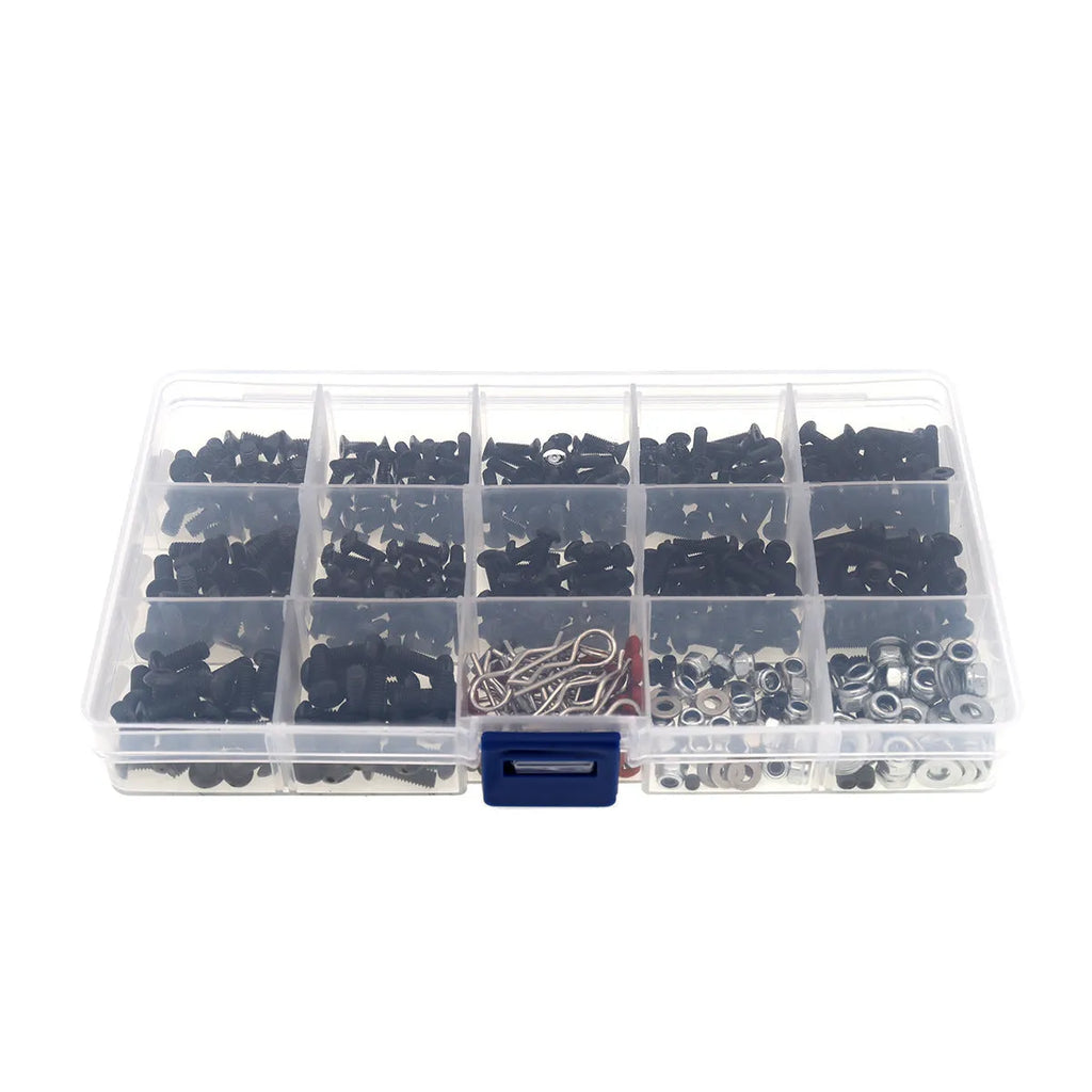 Metal and plastic screw box set with 500 pieces and three small wrenches for 1/10 and 1/8 RC cars
