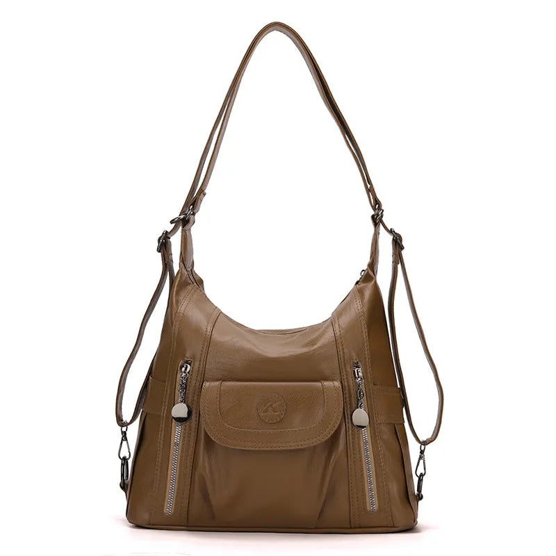 Women's PU leather shoulder messenger bag with zip compartments, available in black, brown or champagne