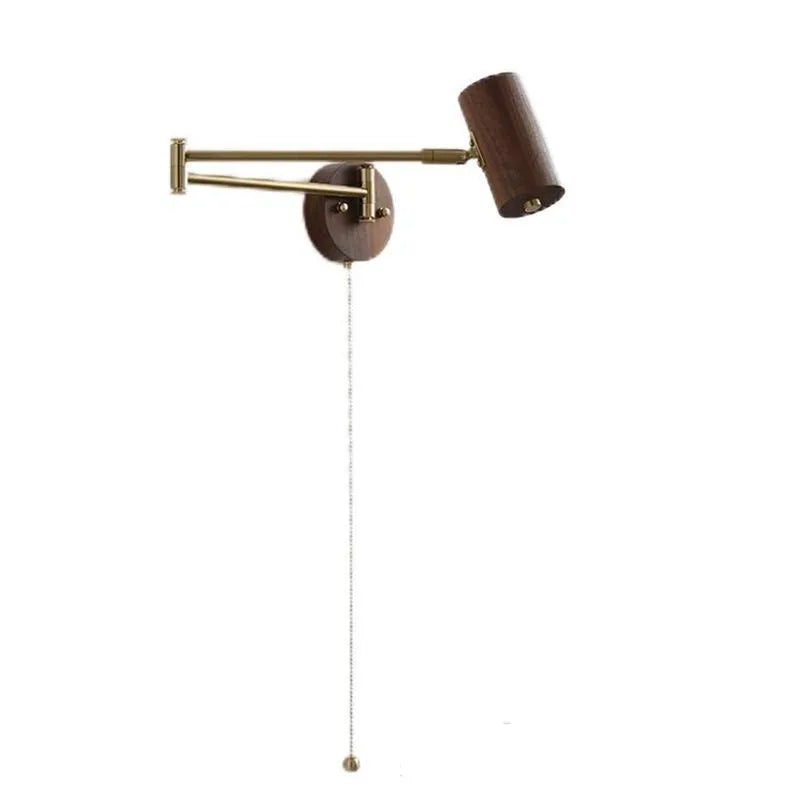 Retro wooden wall lamp with rotating spot light head and long arm, showing cord with built-in switch.