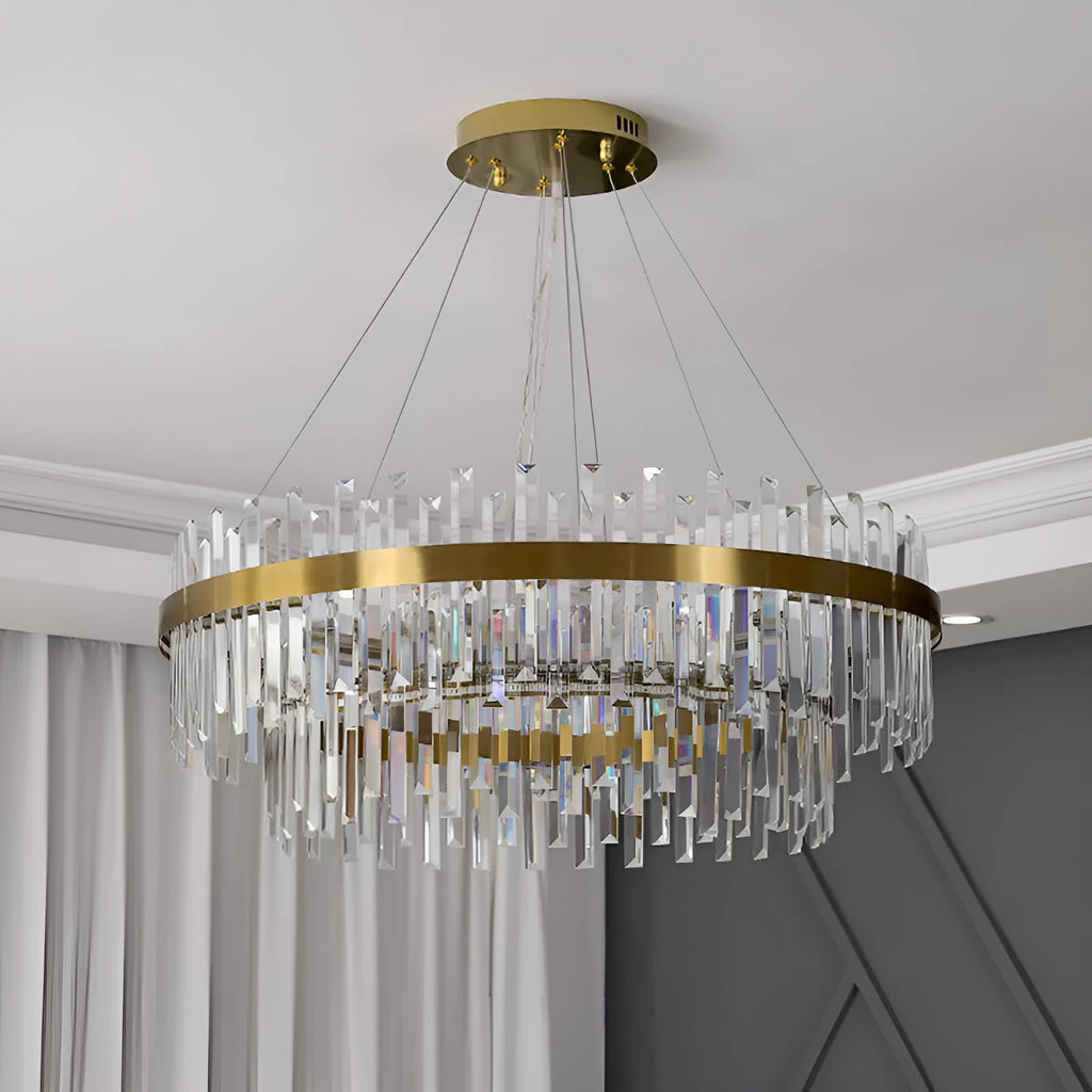 Stainless steel and crystal multi-head ceiling chandelier with adjustable height