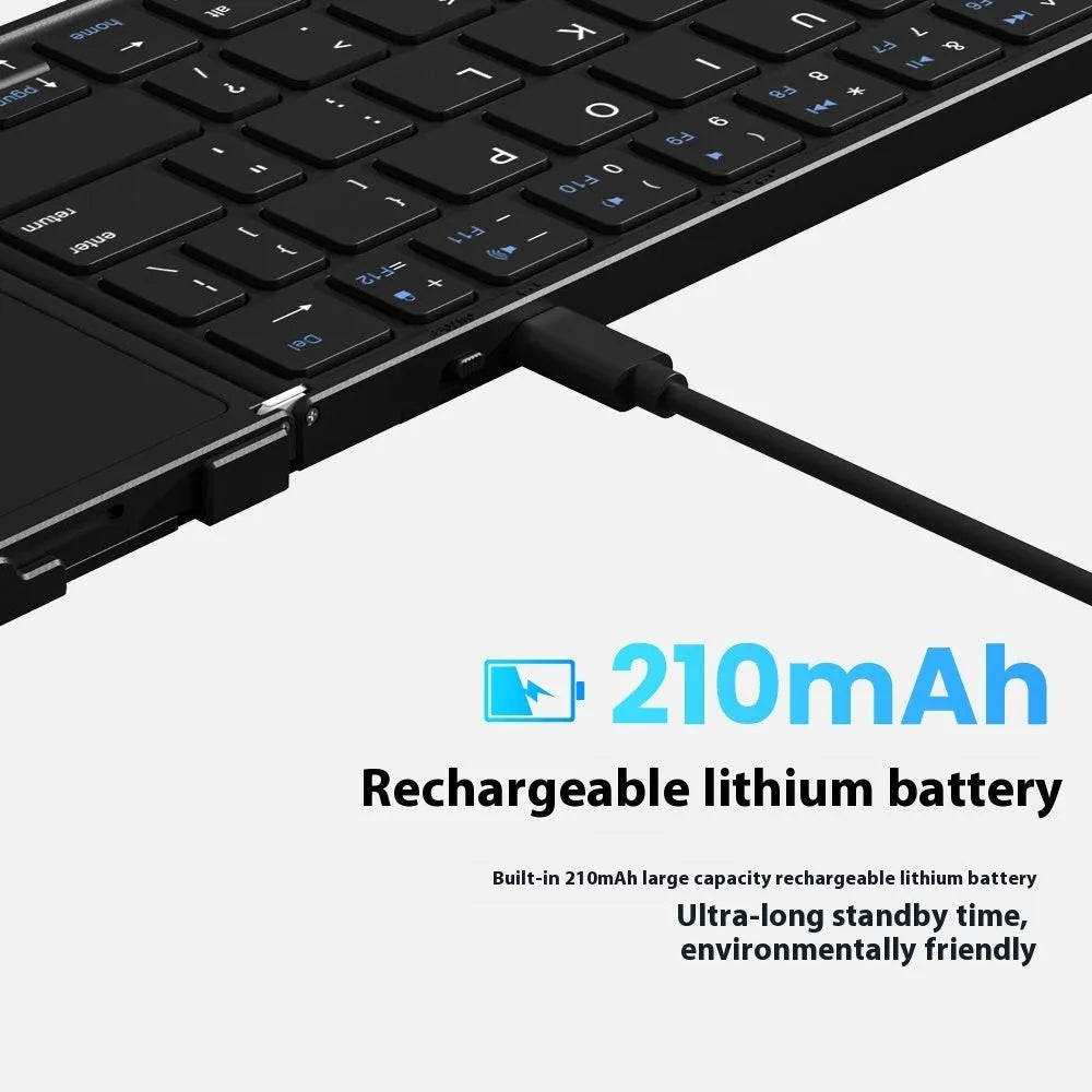 Black folding Bluetooth keyboard unfolded showing keys and touchpad option