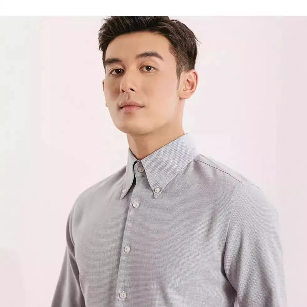 Men's long-sleeved plaid business shirt, non-ironing viscose blend, khaki or dark blue, sizes M-3XL