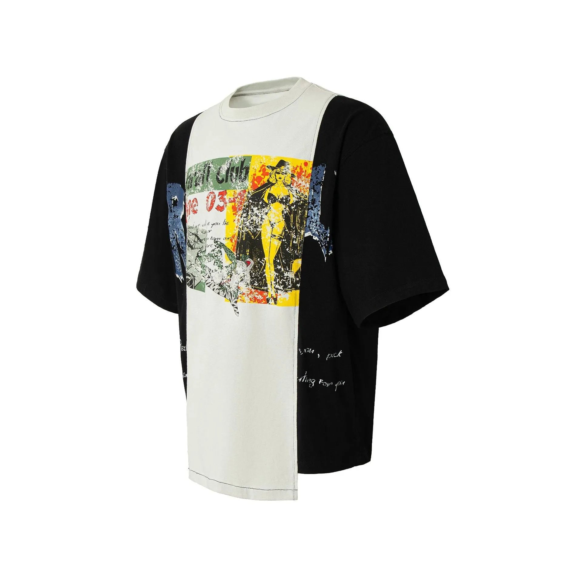 Black and white deconstruction print cotton blend t-shirt with loose streetwear fit
