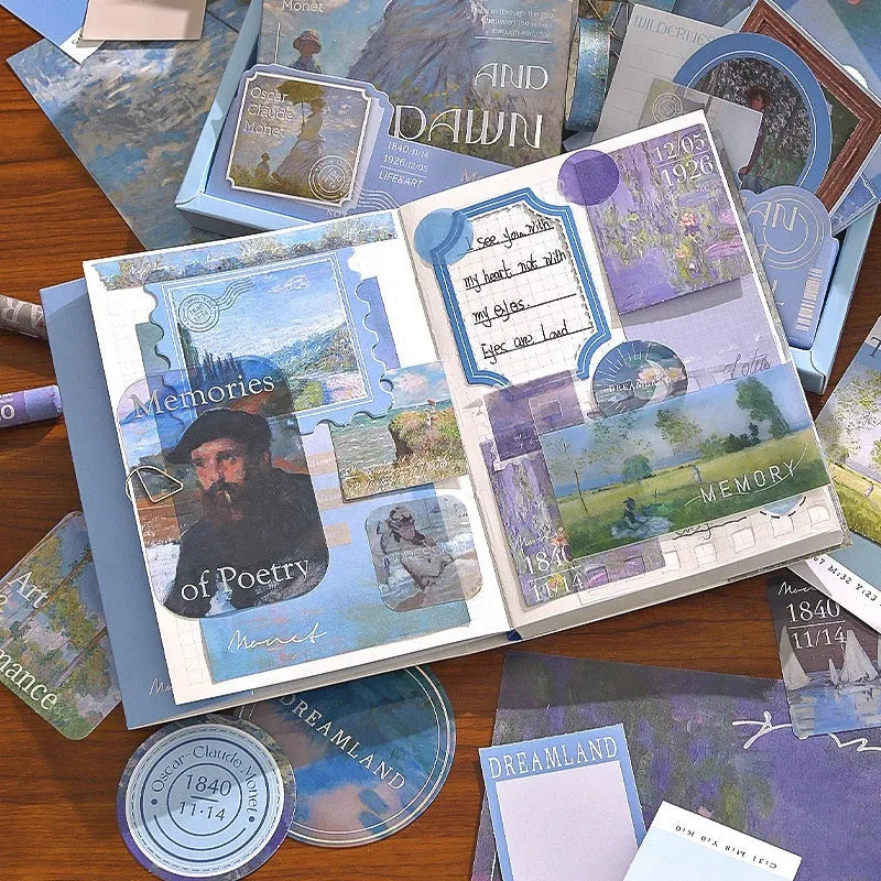 Retro-style creative journal gift box open to show A6 grid notebook, material papers, cards, stickers, and a water drop bookmark.