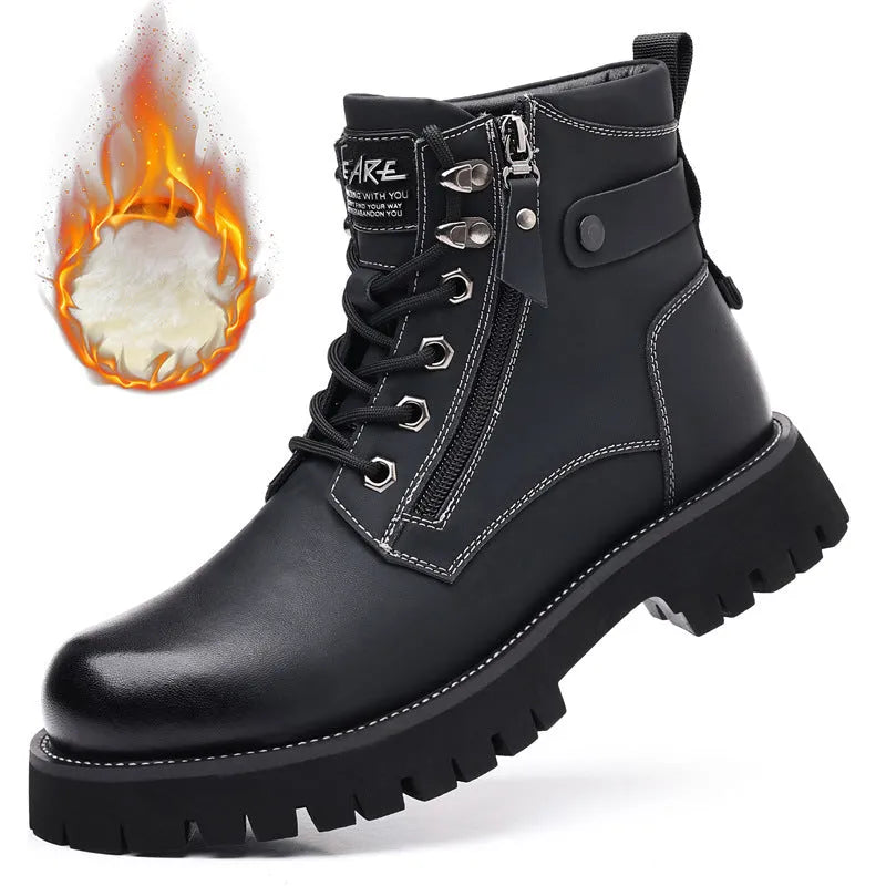 Men's brown leather high-top Martin boots with side zipper and velvet detail on shaft.