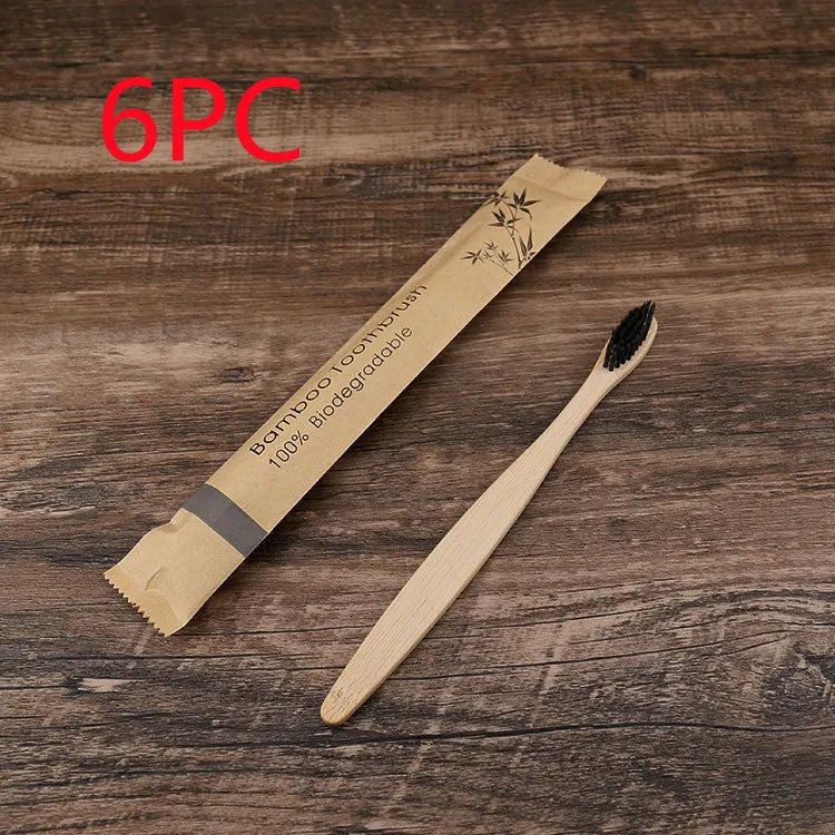 Set of 10 colourful bamboo toothbrushes with charcoal bristles for sustainable dental care