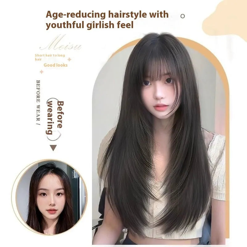 Full-head black straight layered synthetic wig with adjustable straps and natural-looking bangs