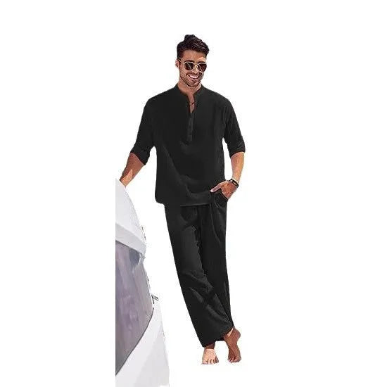 Men's cotton casual suit in solid colour with long sleeves and trousers for spring and autumn leisure wear