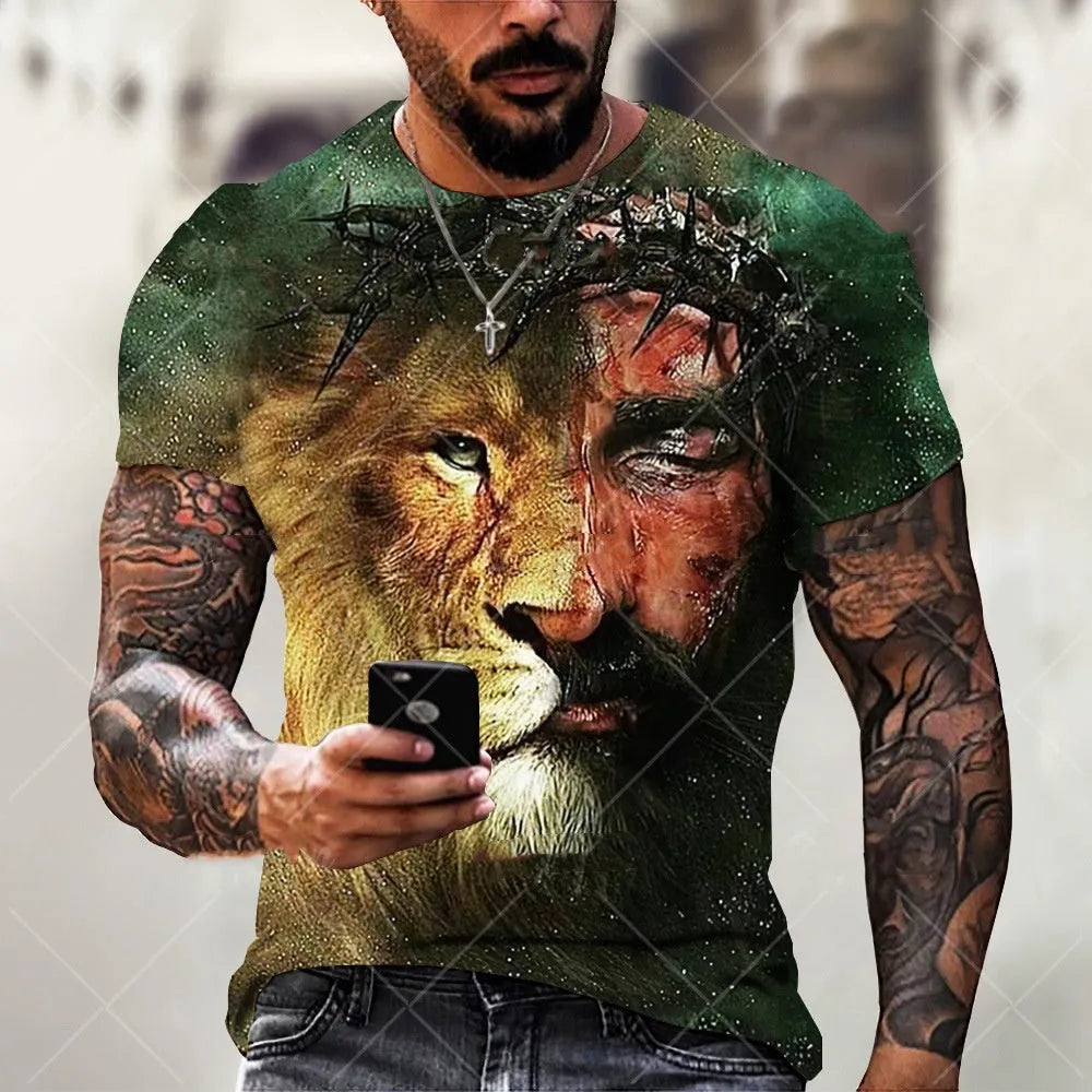Men's grey T-shirt featuring a 3D printed Jesus pattern on the chest.
