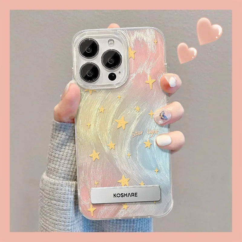 PC phone case for iPhone 15 with silver smudge star design and pop-out bracket on back