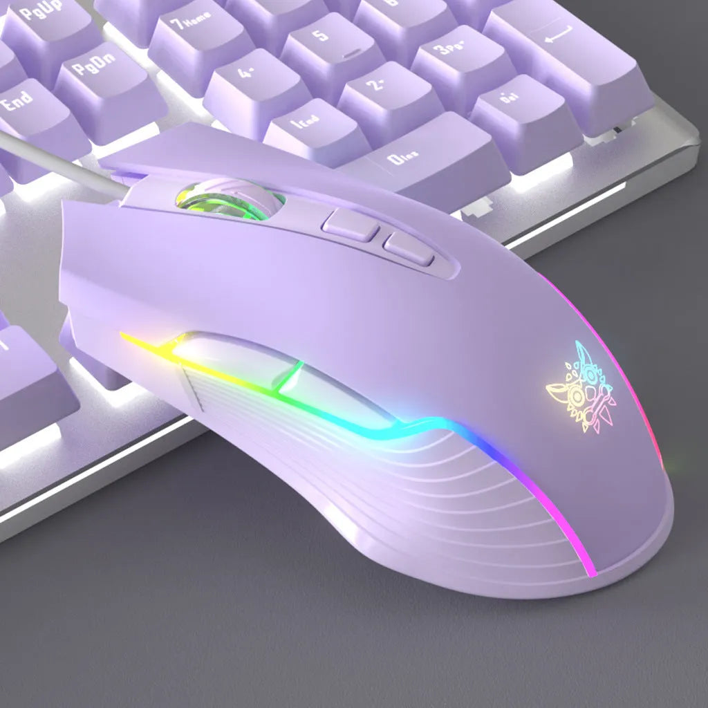 White and purple mechanical keyboard and mouse gaming combo with backlight