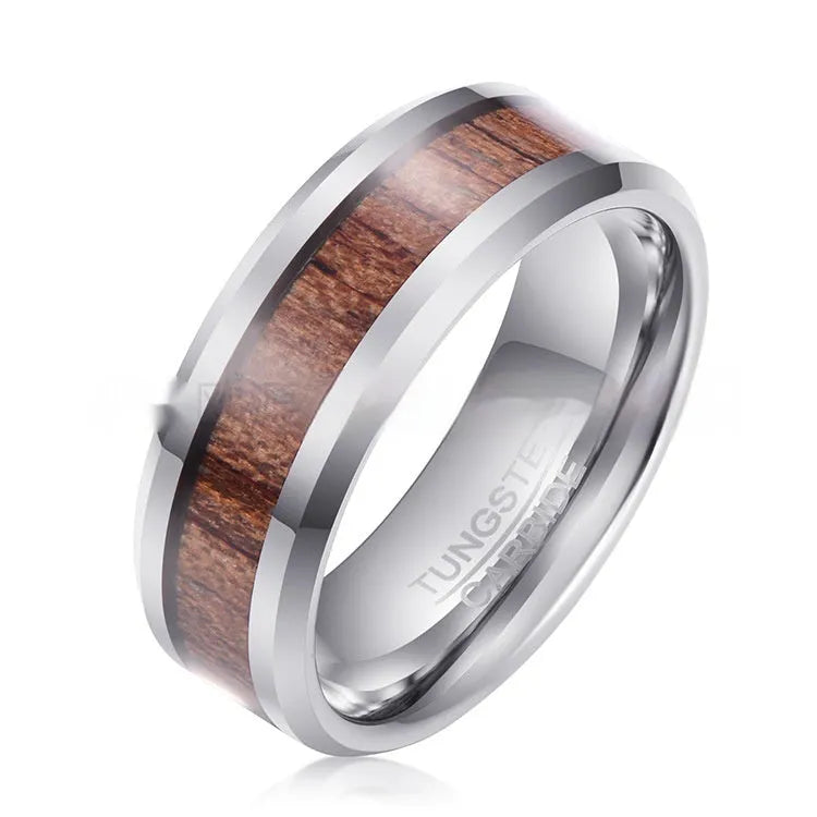 8mm wide Ugyen tungsten ring in rose gold or steel colour on a plain background.
