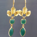 Gold retro drop earrings with a French leaves tassel design and small zircon stone accents.