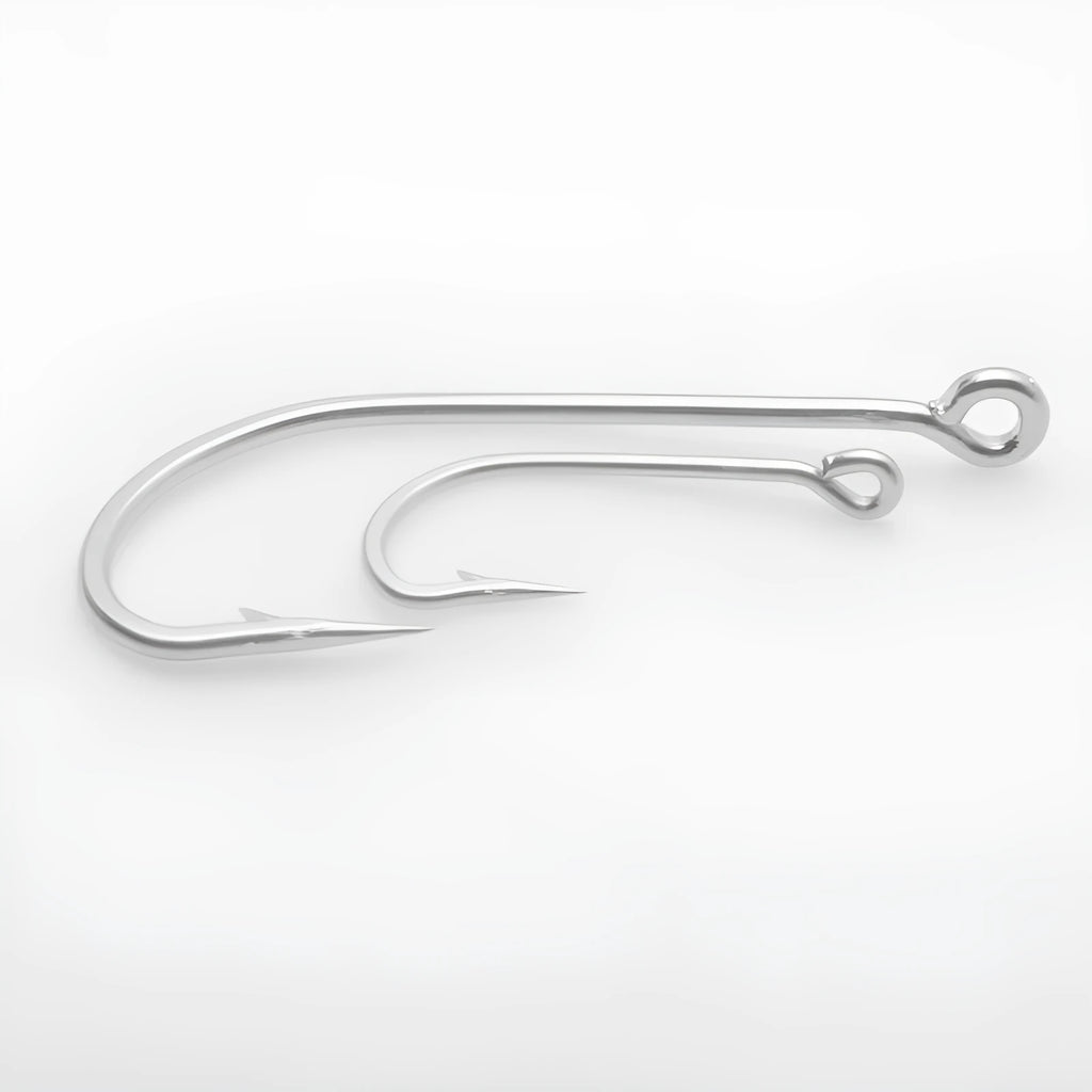 Assortment of multi-specification stainless steel alloy fishhooks for sea fishing.