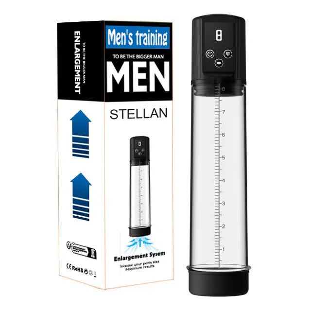 Male masturbation device with a grey electric training pump unit made from ABS and TPE plastic.