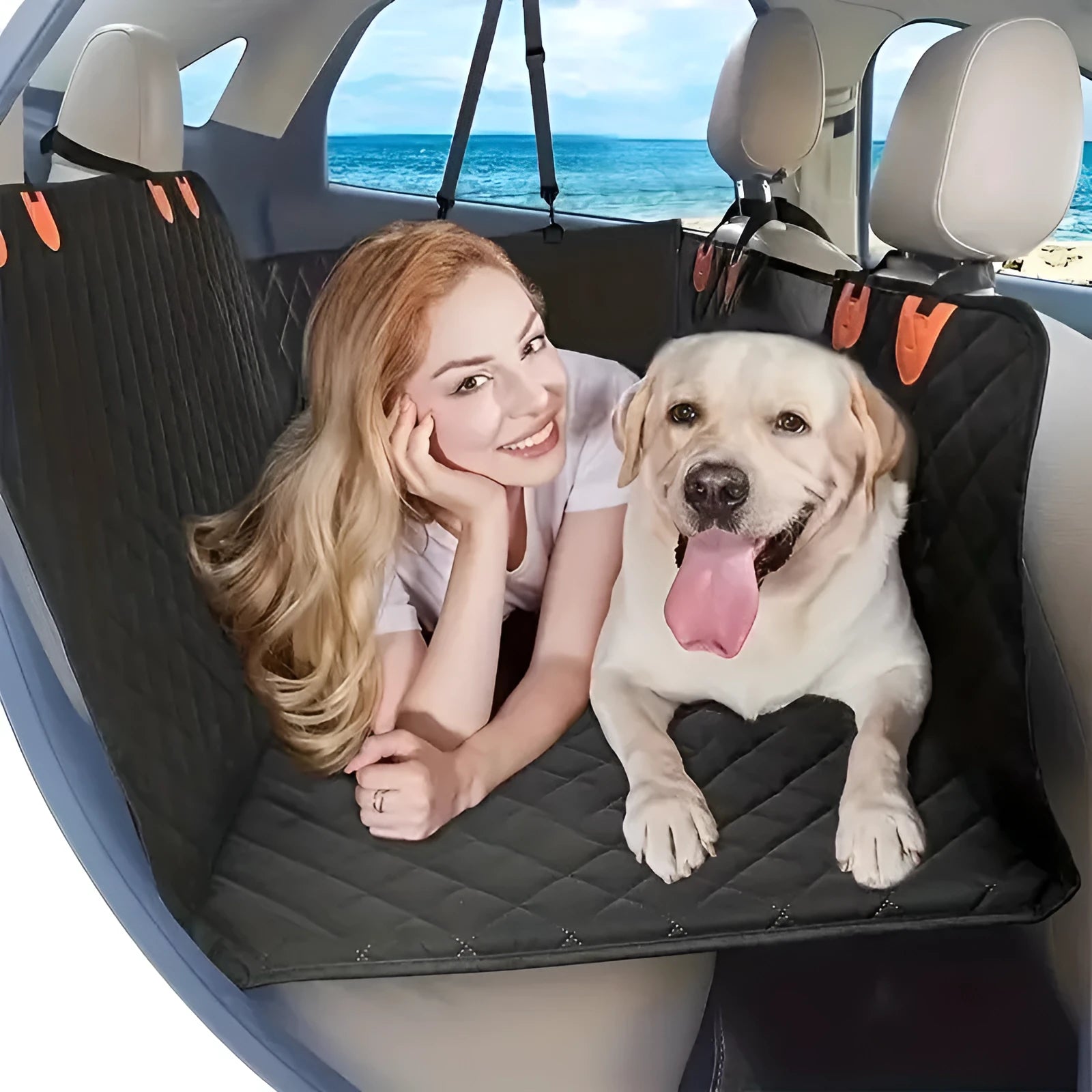 Black load-bearing waterproof lengthened car pet mat for dogs, 132x160 cm, polyester vehicle rear seat protector