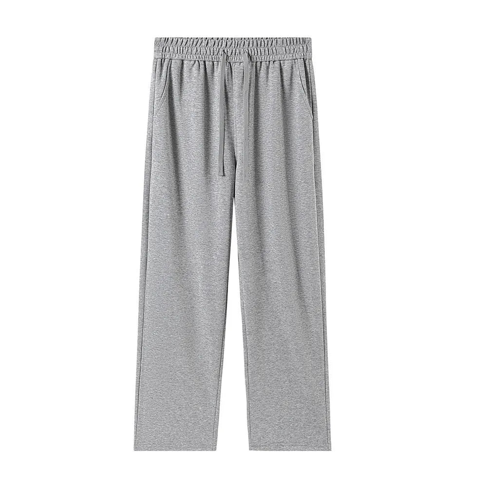 High-waisted straight-leg cotton pants in heather gray, loose fit, available in multiple colours