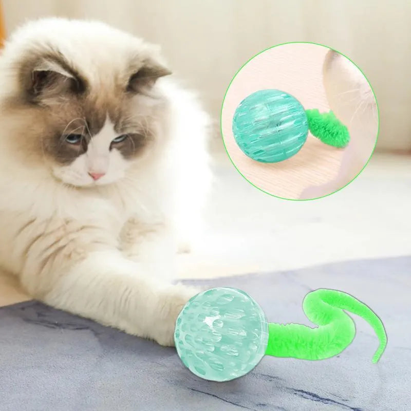 Interactive bouncy ball cat toy with plush tail in green, pink and purple colour options