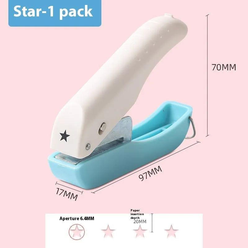Small manual punching machine with embossed design and changeable dies for love, star, 4mm and 6mm round shapes.