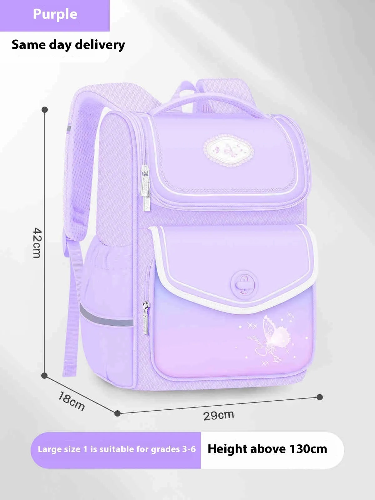 Girls waterproof Oxford cloth school backpack in pink, shown in large and small sizes for primary school years 1-6.