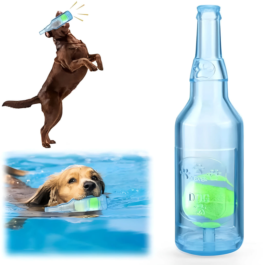 Blue water bottle shaped dog chew toy with squeaker for aggressive chewers