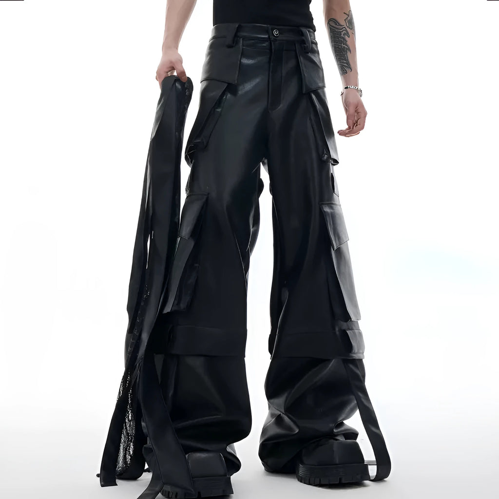 Black loose-fit quilted trousers with multiple pockets and retro stitching detail.