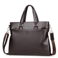 Men's black and brown PU leather shoulder messenger bag with splicing design showing 35x30cm dimensions