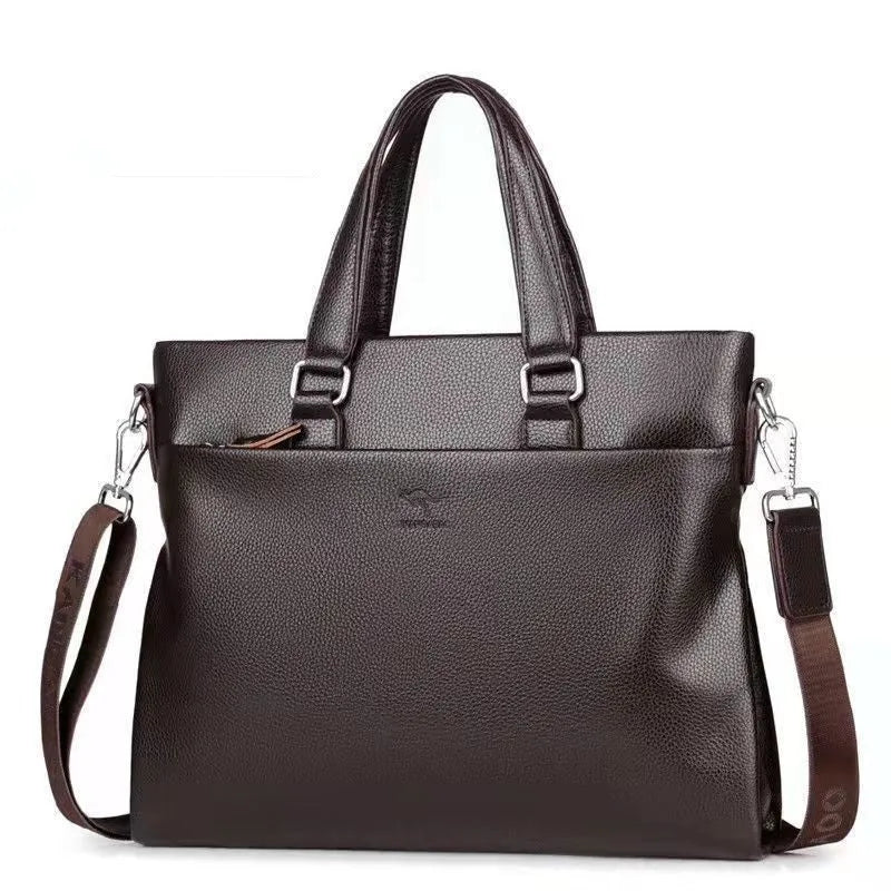 Men's black and brown PU leather shoulder messenger bag with splicing design showing 35x30cm dimensions