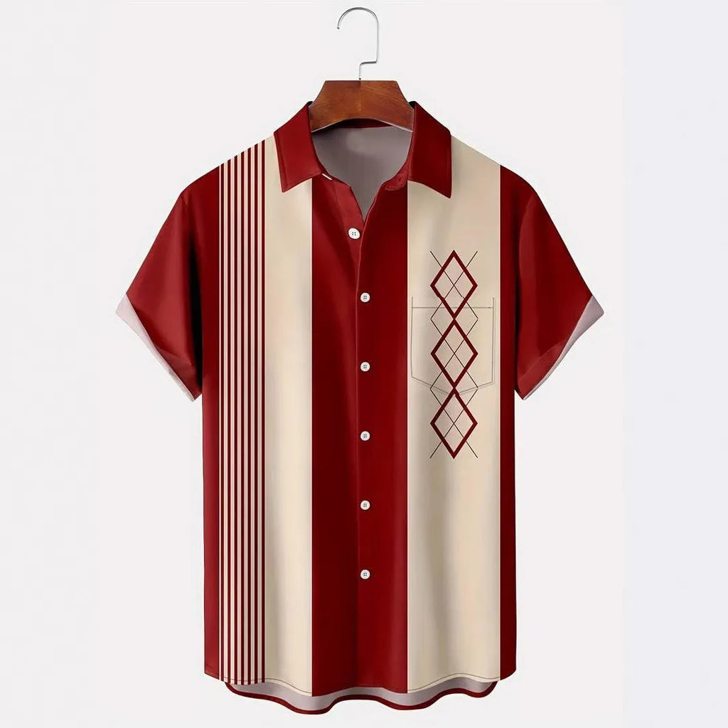 Men's loose fit plaid cardigan shirt with lapel collar and short sleeves in polyester elastic fabric