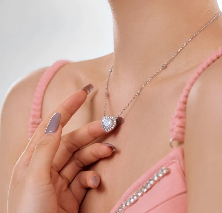 925 silver peach heart zircon necklace with clavicle chain, pink finish, love heart pendant