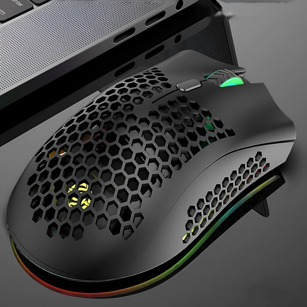 Hollow-out luminous wireless gaming mouse with charging in black, cyan, and white colours