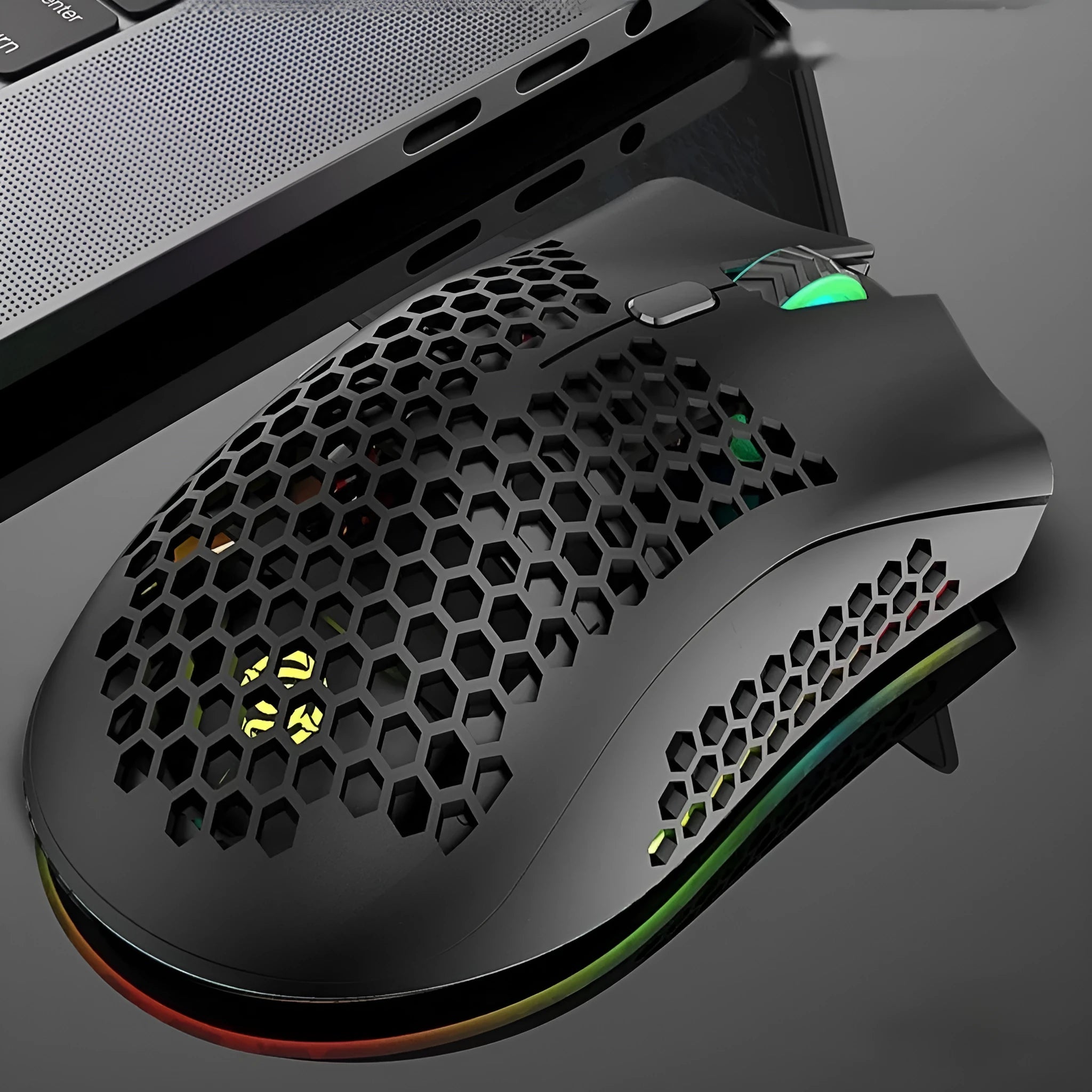 Hollow-out luminous wireless gaming mouse with charging in black, cyan, and white colours