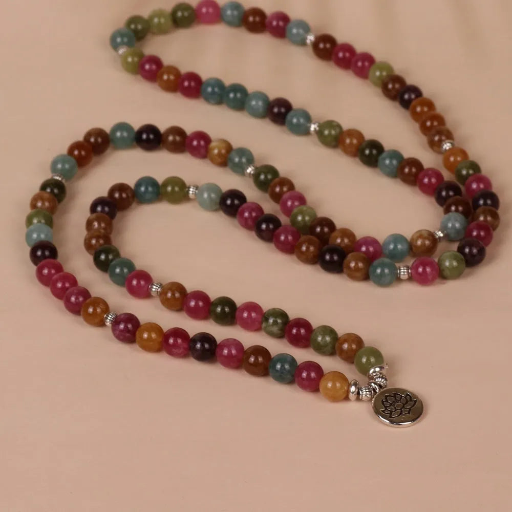 108-bead multi-layer bracelet with lotus hanging design in tourmaline-coloured alloy