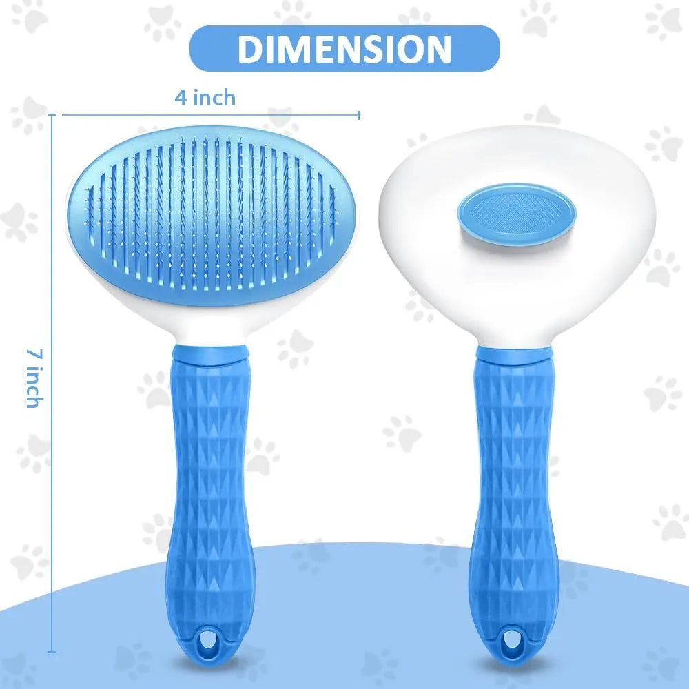 Blue cat grooming brush with a release button and fine wire bristles on a grey background.