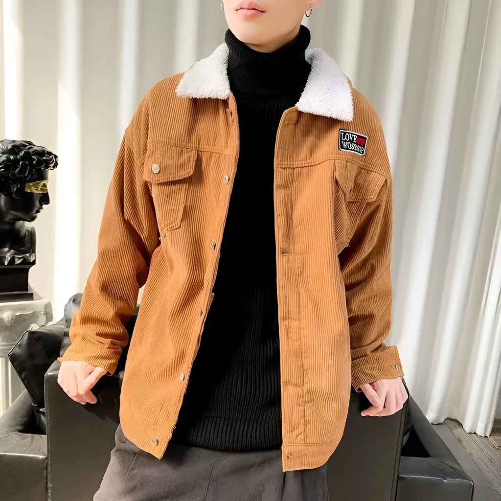 Men's corduroy workwear jacket in khaki colour with side pockets and loose fit design
