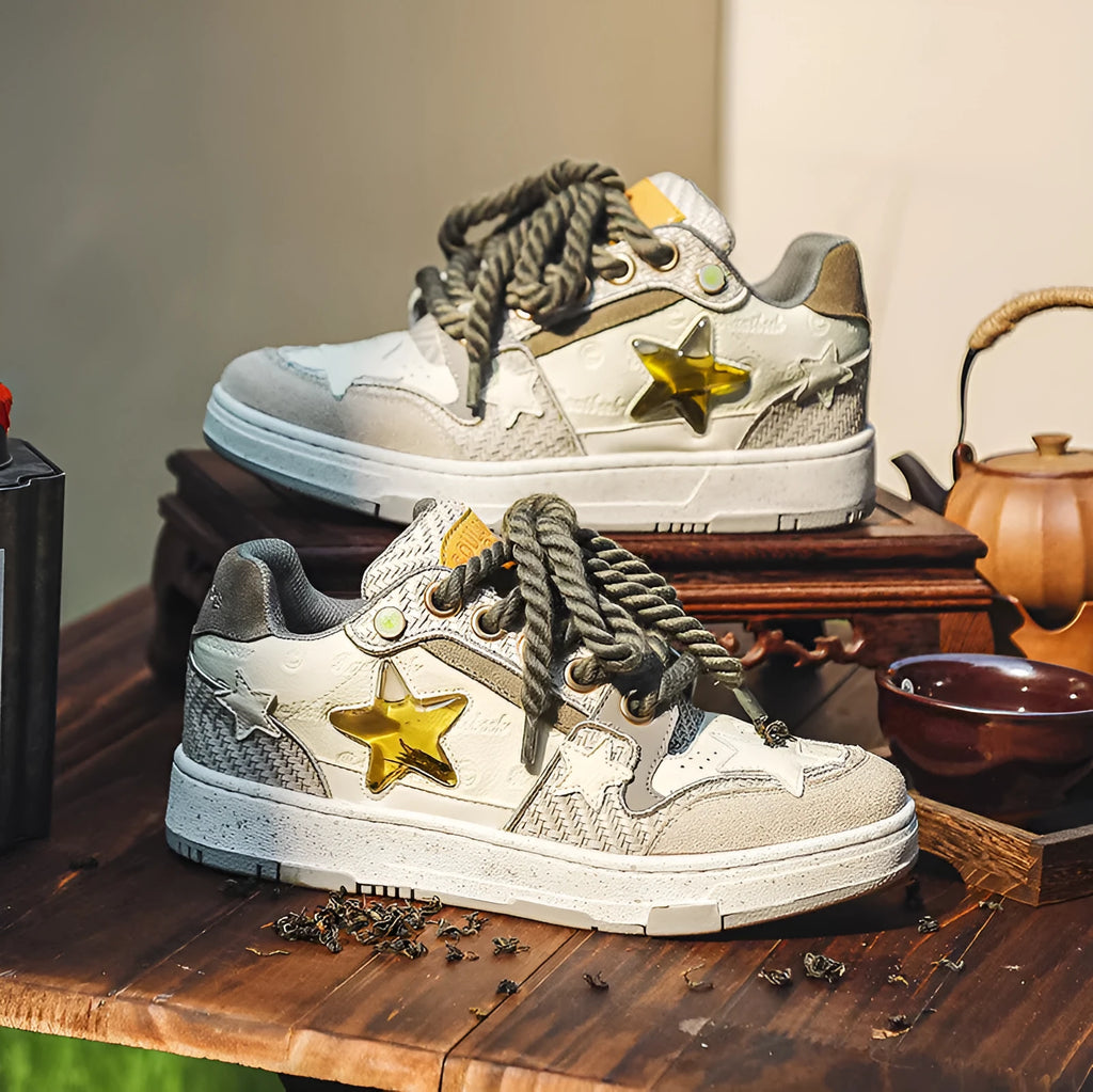 Cowhide leather platform running shoes in West Lake dragon well tea colour with round toe and lace-up closure