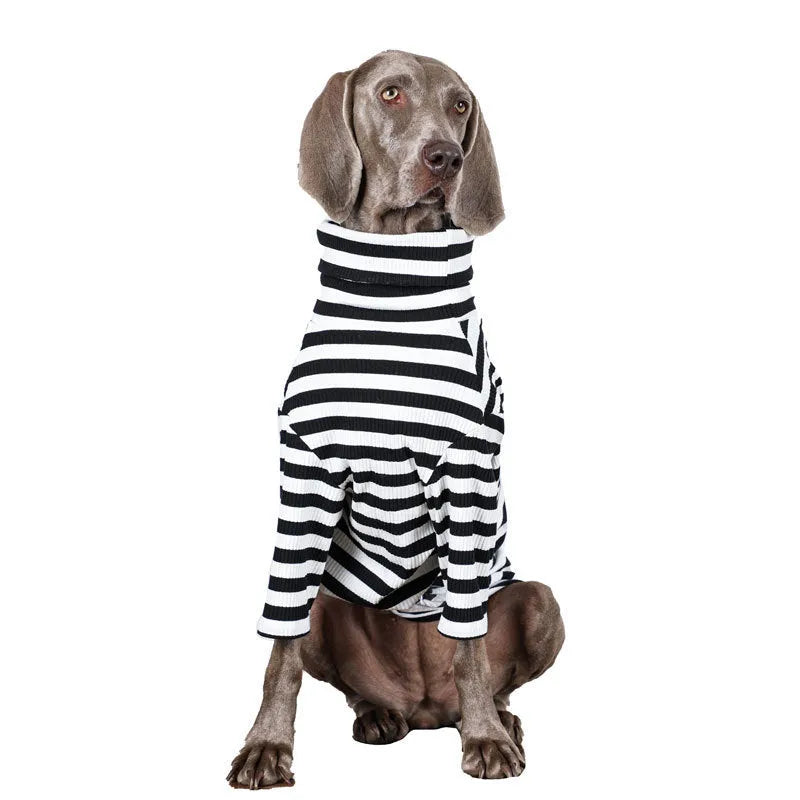 Black and white thin polyester inner coat for large dogs on size chart showing M to XXXL