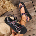 Women's ethnic print flat sandals with Velcro webbing strap and foam sole in blue and red colourways