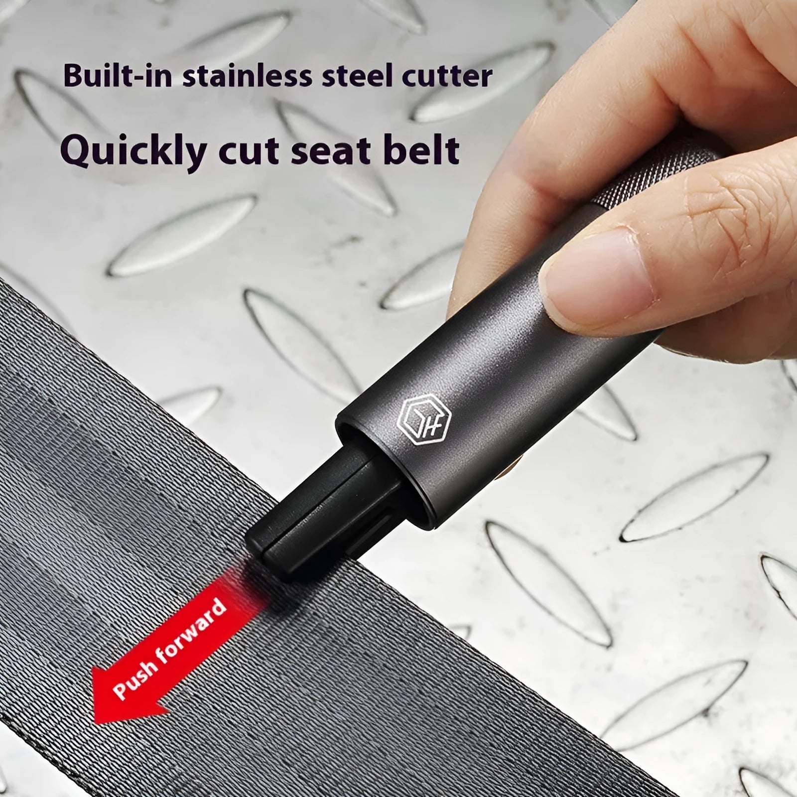 Gun grey aluminium car safety hammer with steel impact head measuring 87mm length