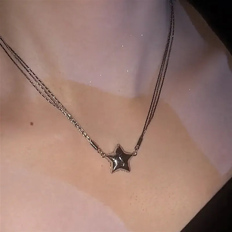 Magnetic five-pointed star necklace with rhinestones, copper electroplated pendant, water wave chain, 21-50cm